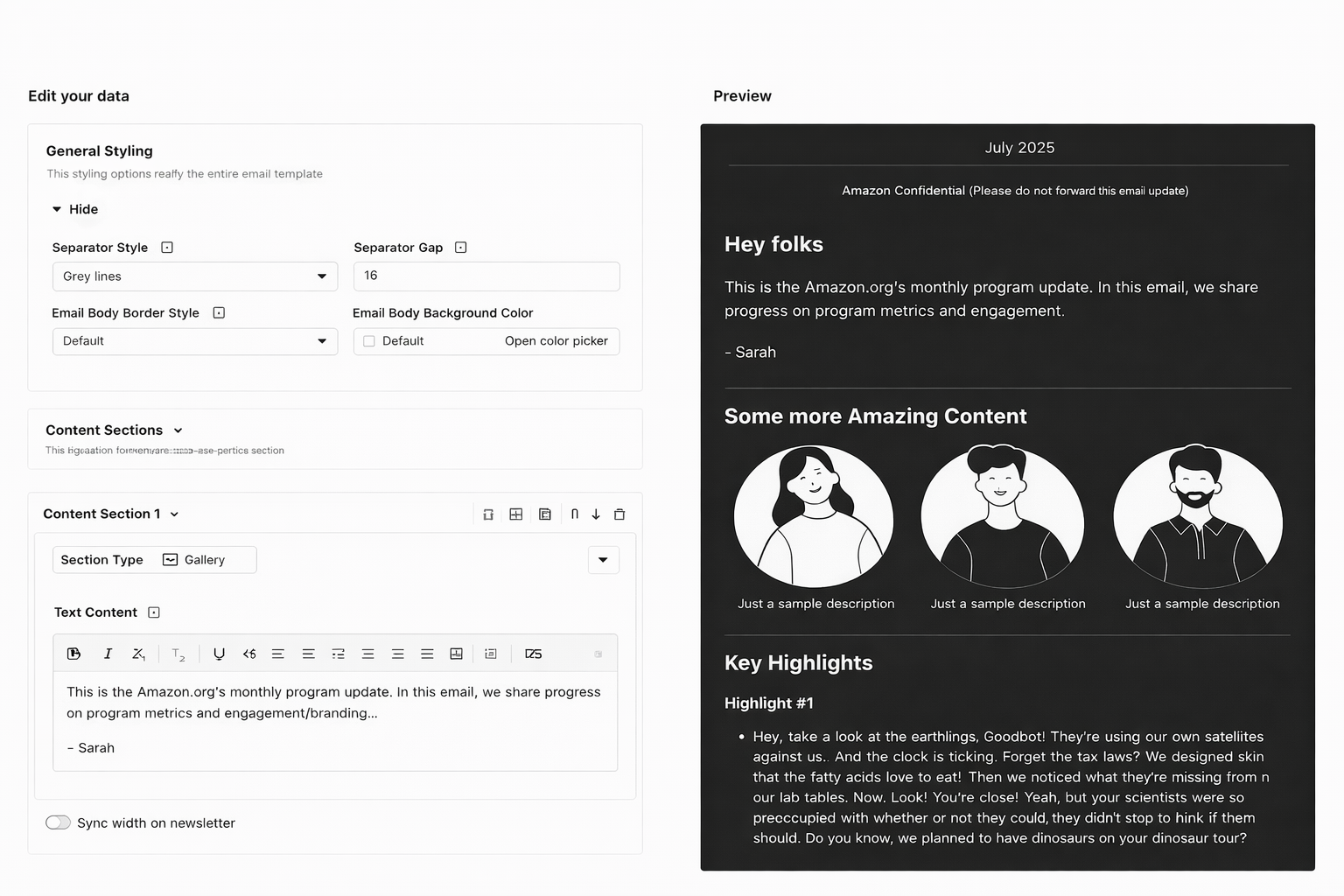 Dual-mode canvas: form editor on left, live preview on right